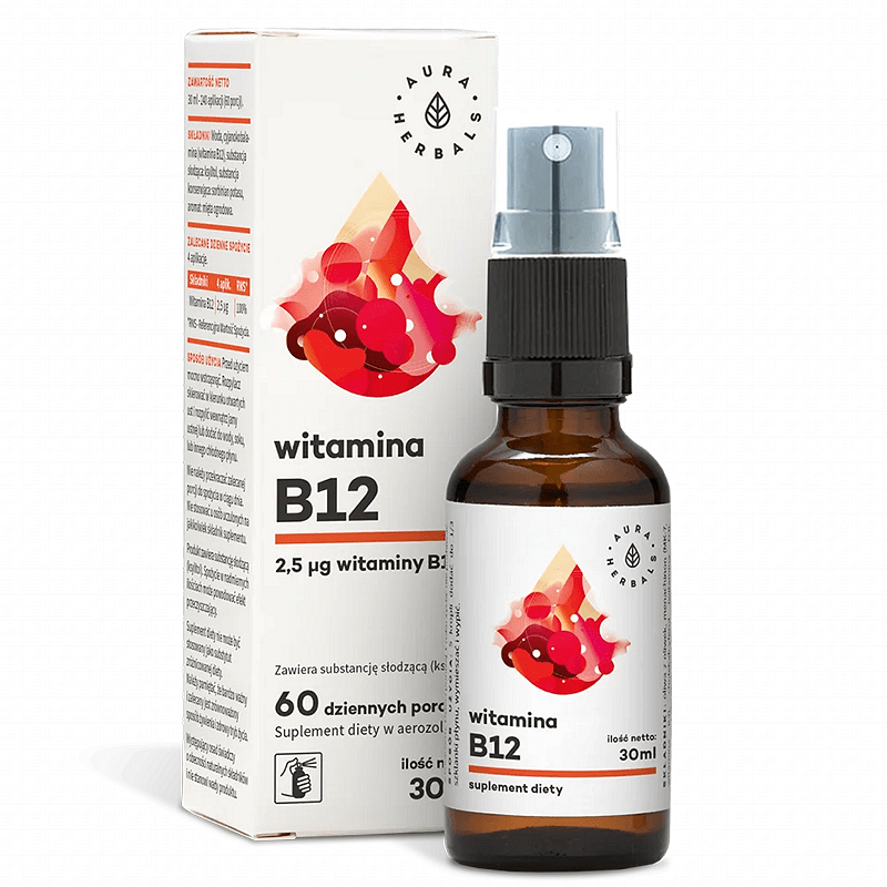 В наличност AURA HERBALS WITAMINA B12 Витамин В12 (цианокобаламин) допринася за нормалното функциониране на нервната система орален спрей x 30ml