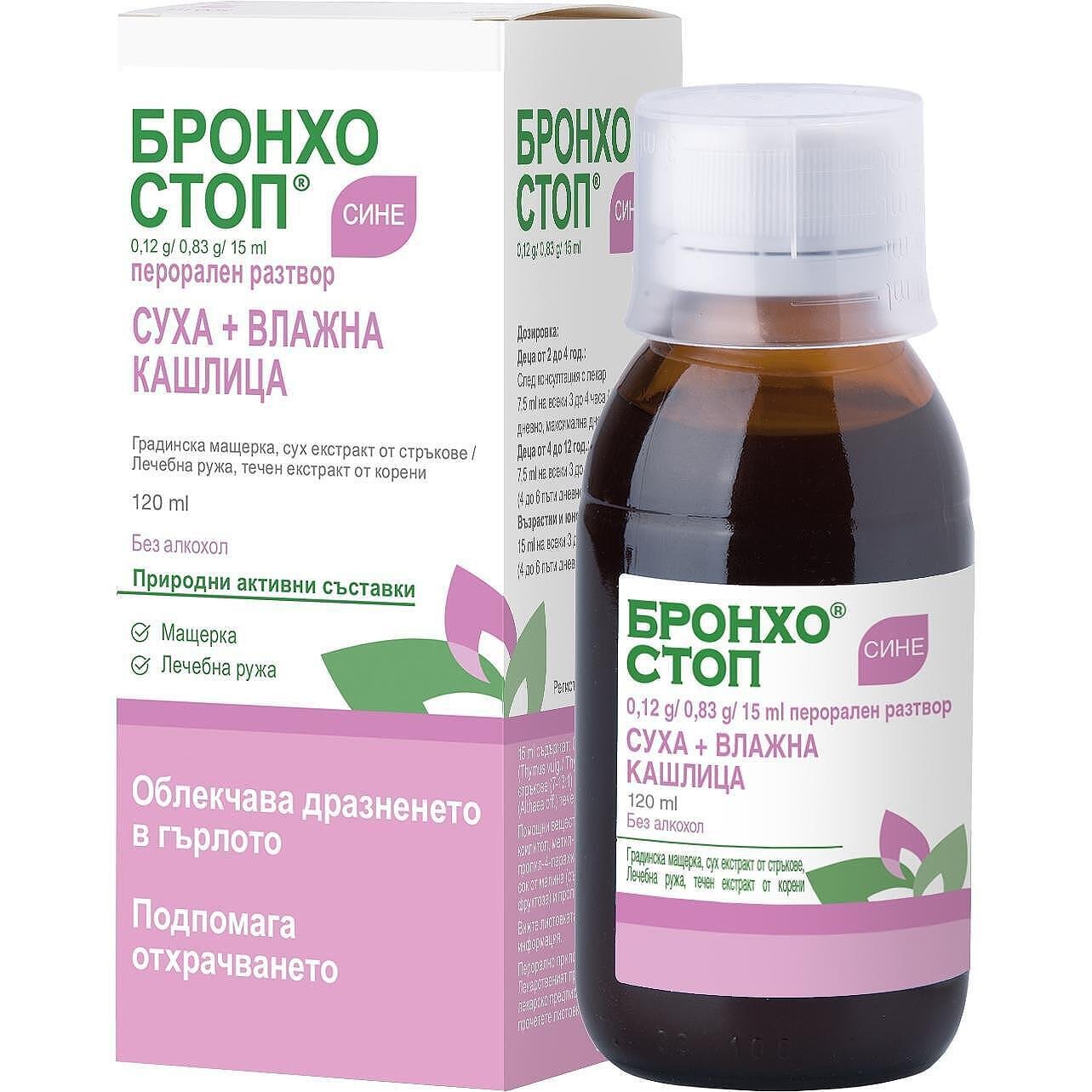 Бронхостоп сине Сироп при суха и влажна кашлица х120 мл Kwizda Pharma