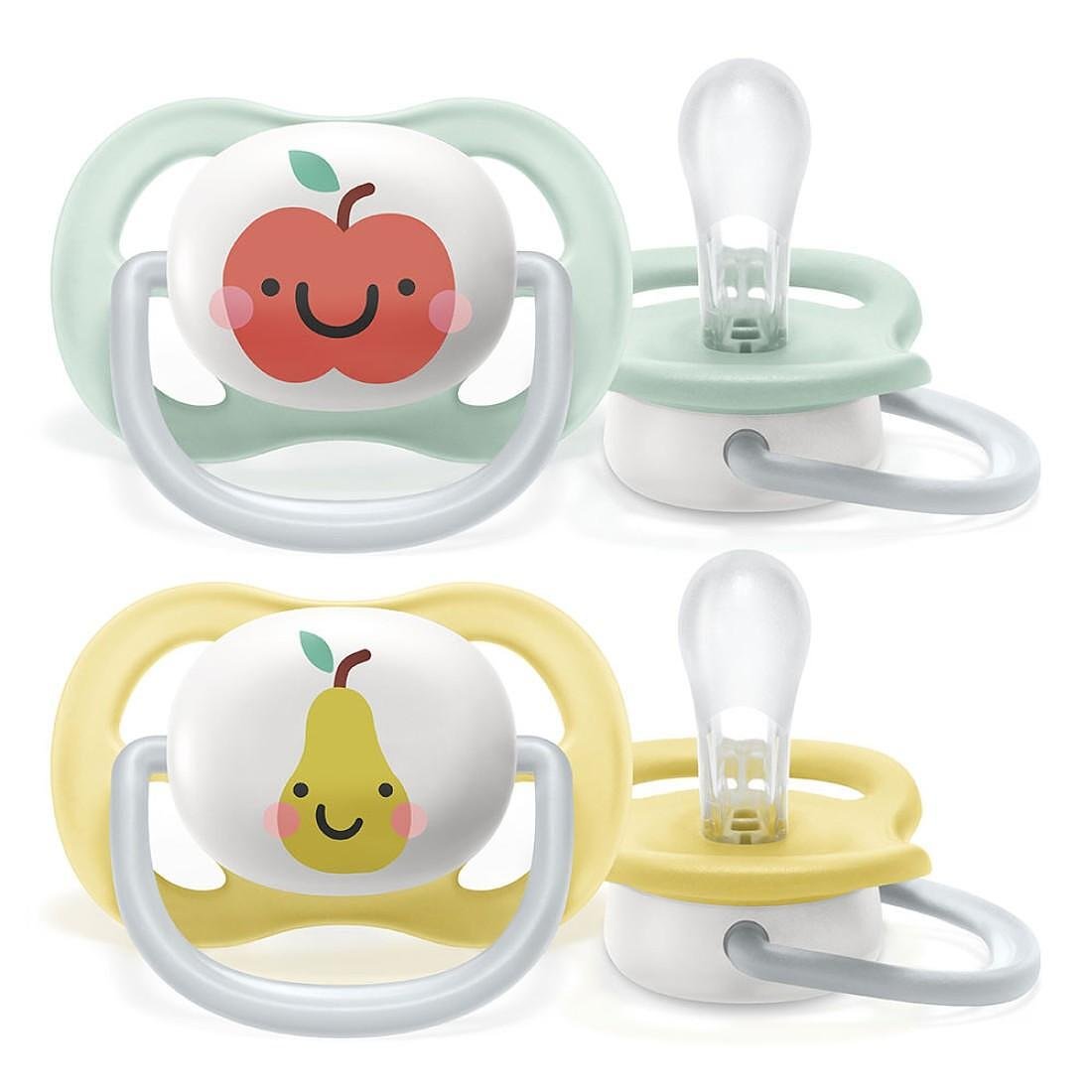 2 бр. ортодонтични залъгалки Philips AVENT SCF080/17 Ultra Air Happy 0-6м с декорация Ябълка и Круша в кутия за стерилизиране