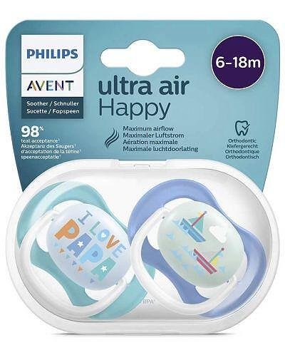 Ортодонтични залъгалки Philips Avent - Ultra Air Happy, 6-18 месеца, 2 броя, за момче, надпис/лодка